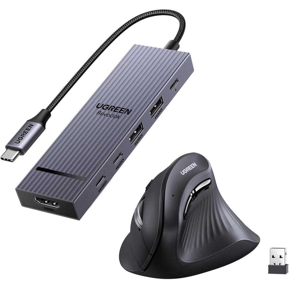 imageUGREEN Revodok Pro USBC Hub 6 in 1 Bundle with Vertical Wireless Bluetooth 5024G Ergonomic Mouse Compatible with PCLaptopTablet