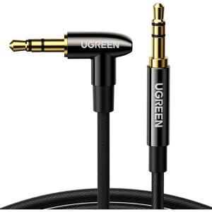 UGREEN 3.5mm Audio Cable Hi-Fi Sound Stereo Nylon Braided Male to Male Aux Cord 90 Degree Aux Cable Gold Plated Compatible with iPod iPad Tablets Headphone Speakers Home Car Stereos, 3FT