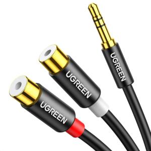 UGREEN RCA to Aux Cable 3.5mm Male to 2RCA Female Adapter Hi-Fi Sound Auxiliary Stereo Audio Cord Gold Plated Y Splitter 1/8 to RCA Connector for iPhone MP3 Tablet Computer Speaker, 0.8FT