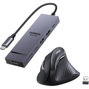 UGREEN Revodok Pro USB-C Hub 6 in 1 Bundle with Vertical Wireless (Bluetooth 5.0+2.4G) Ergonomic Mouse Compatible with PC/Laptop/Tablet