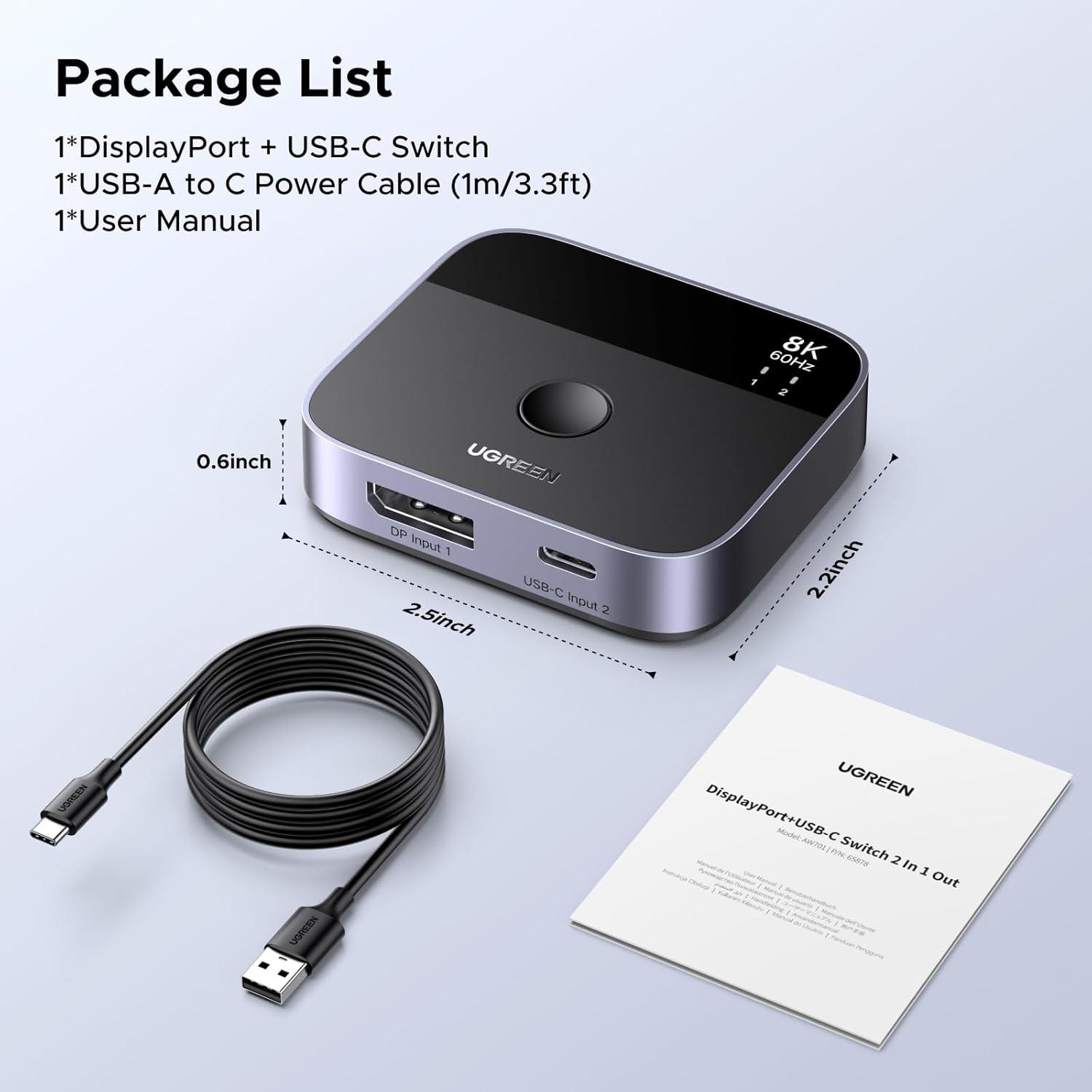 imageUGREEN 8K60Hz DisplayPortUSB C Switch 2 in 1 Out DP 14 Out Ultra HD Supports 4K240Hz 3D HDR10 HDCP23 USBCDisplayPort Switcher Compatible with Laptops Computers Desktop Steam Deck