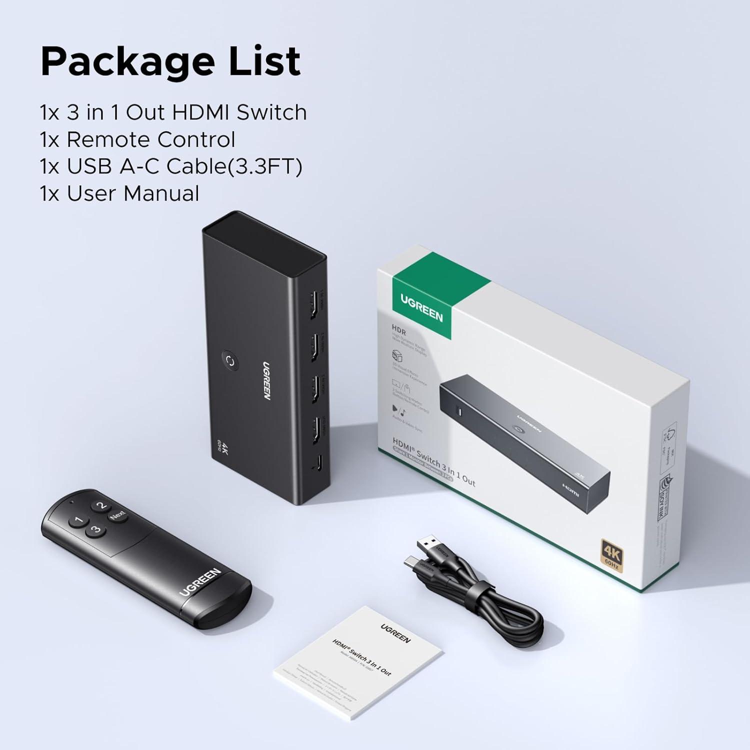 imageUGREEN HDMI Switch 3 in 1 Out 4K60Hz HDMI Splitter with Remote Supports HDR10 CEC HDCP22 Compatible with Nintendo Switch PS543 Xbox Roku TV Fire Stick BluRay Player