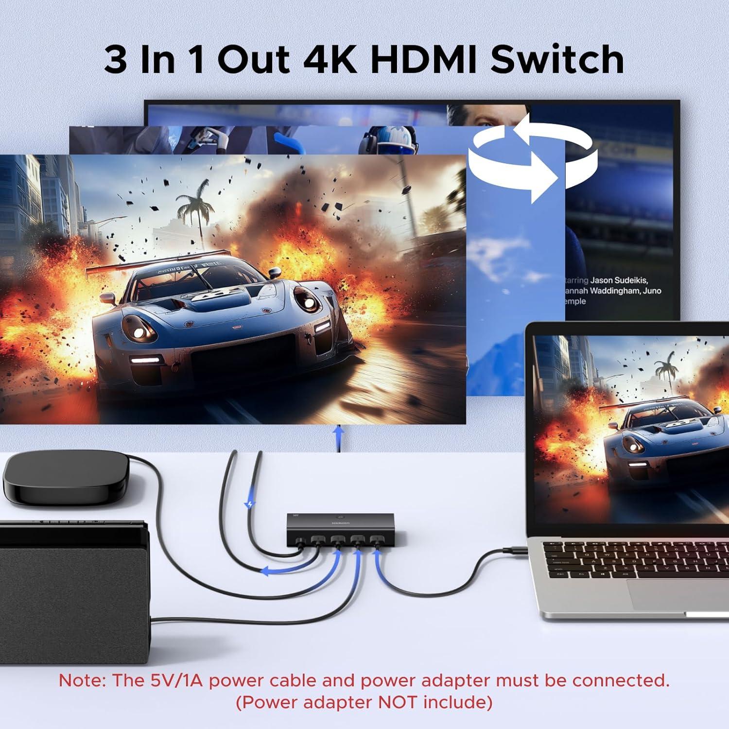 imageUGREEN HDMI Switch 3 in 1 Out 4K60Hz HDMI Splitter with Remote Supports HDR10 CEC HDCP22 Compatible with Nintendo Switch PS543 Xbox Roku TV Fire Stick BluRay Player
