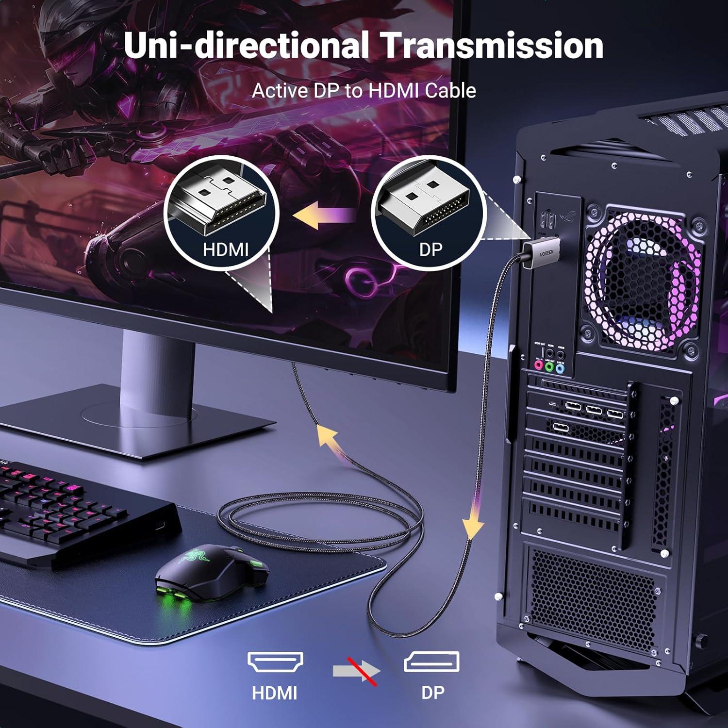 imageUGREEN Unidirectional DisplayPort to HDMI Cable 8K60Hz 4K120Hz Active DP 14 to HDMI 21 Cord HDR Dolby HDCP23 DSC12a 324Gbps Braided 66FT Compatible with Monitor Dell HP HDTV AMD NVIDIA66FT