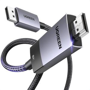 UGREEN Unidirectional DisplayPort to HDMI Cable 8K@60Hz 4K@120Hz Active DP 1.4 to HDMI 2.1 Cord HDR, Dolby, HDCP2.3, DSC1.2a, 32.4Gbps Braided 6.6FT Compatible with Monitor, Dell, HP, HDTV, AMD NVIDIA(6.6FT)