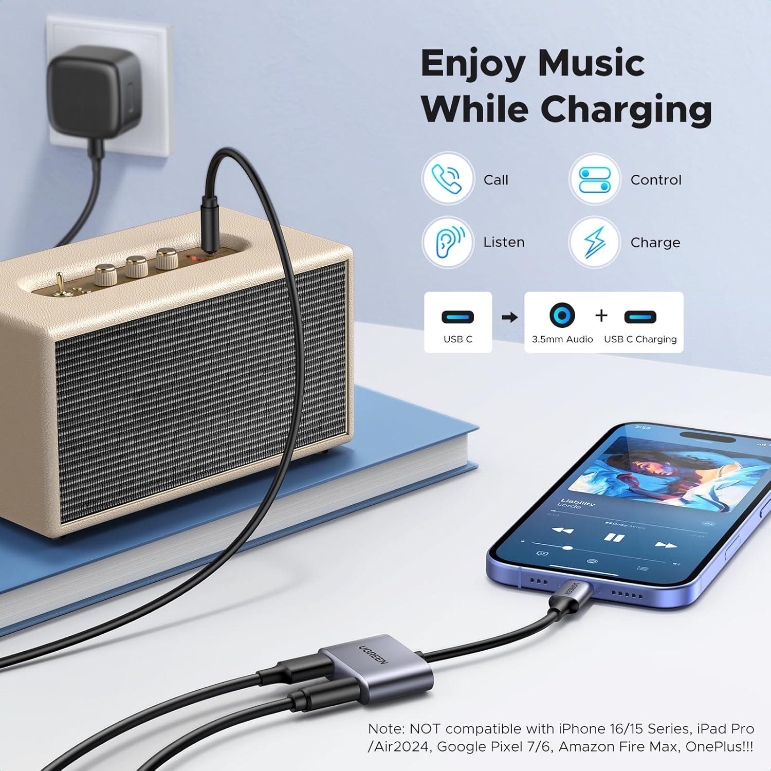 imageUGREEN USB C to 35mm Headphone and Charger Adapter 2 in 1 Type C to Aux Audio Jack with PD 60W Fast Charging Dongle for Headphone Earbud Compatible with Samsung S25 Ultra iPad Pro Switch 2