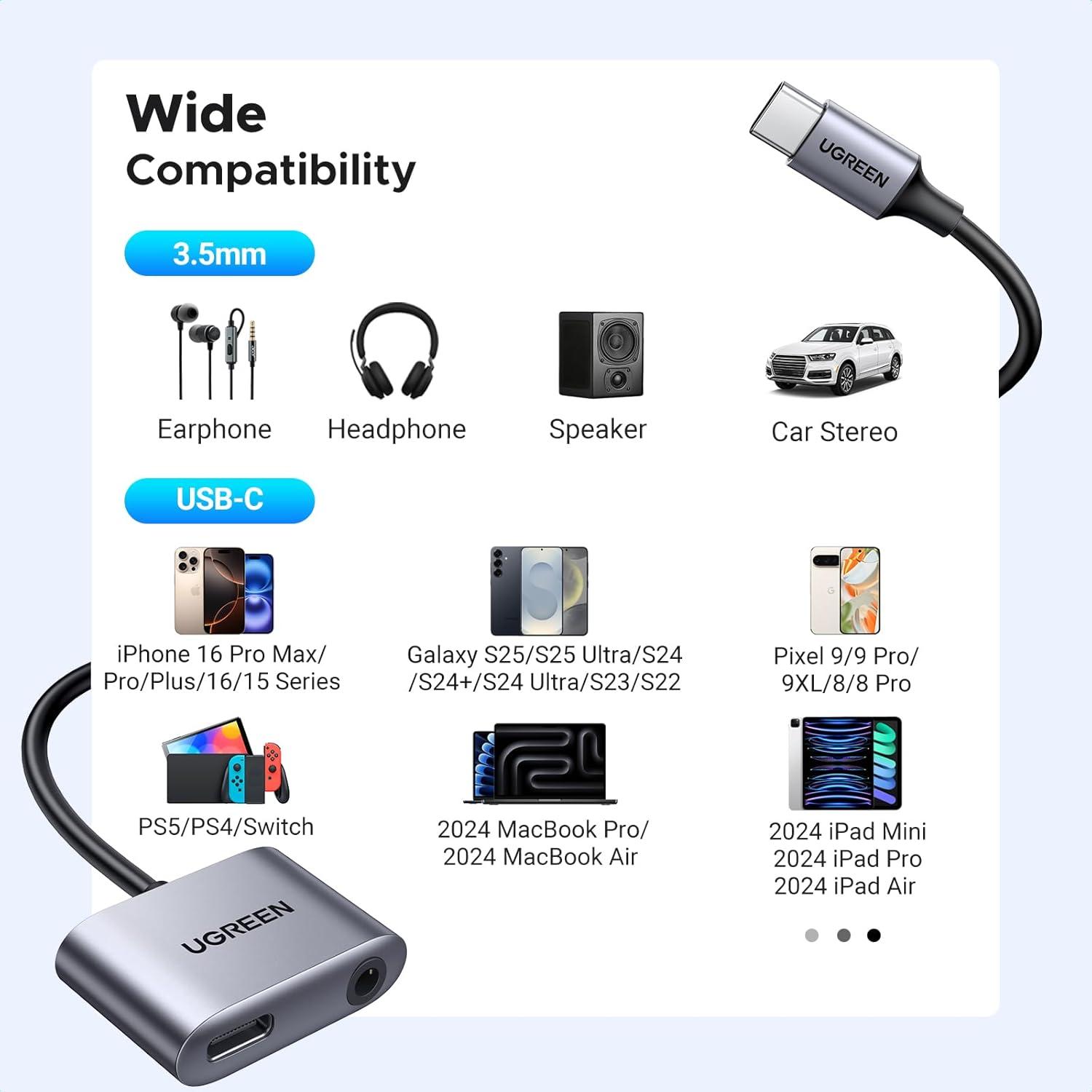 imageUGREEN USB C to 35mm Headphone and Charger Adapter 2 in 1 Type C to Aux Audio Jack with PD 60W Fast Charging Dongle for Headphone Earbud Compatible with Samsung S25 Ultra iPad Pro Switch 2