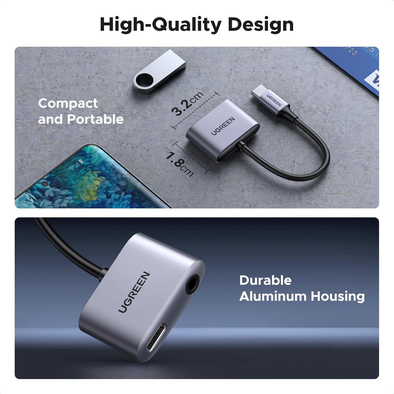 imageUGREEN USB C to 35mm Headphone and Charger Adapter 2 in 1 Type C to Aux Audio Jack with PD 60W Fast Charging Dongle for Headphone Earbud Compatible with Samsung S25 Ultra iPad Pro Switch 2
