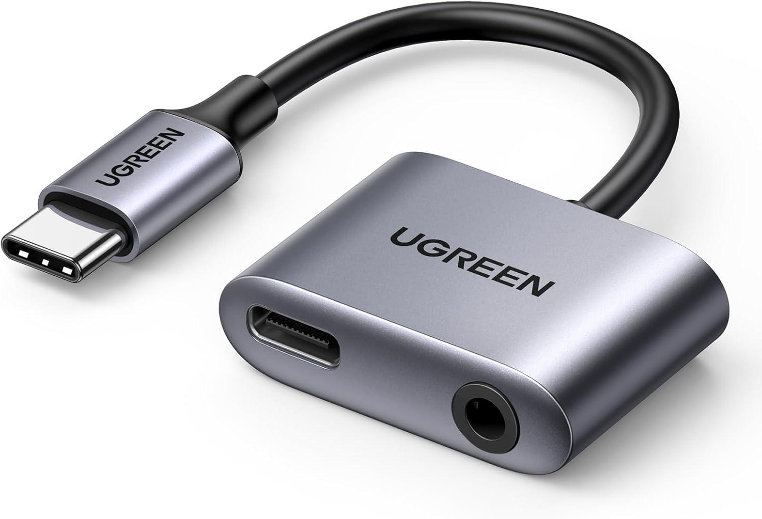 imageUGREEN USB C to 35mm Headphone and Charger Adapter 2 in 1 Type C to Aux Audio Jack with PD 60W Fast Charging Dongle for Headphone Earbud Compatible with Samsung S25 Ultra iPad Pro Switch 2