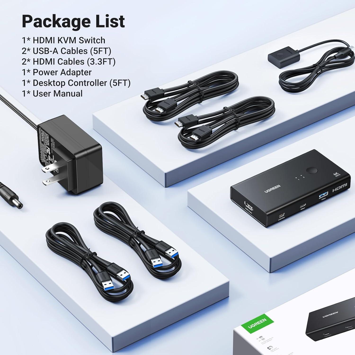 imageUGREEN HDMI KVM Switch 1 Monitor 2 Computers with 4 USB 30 Ports 4K60Hz KVM Switches for 2 Computers Share Monitor Keyboard Mouse Printer with 2 HDMI Cables 2 USB Cables Power Adapter Controller