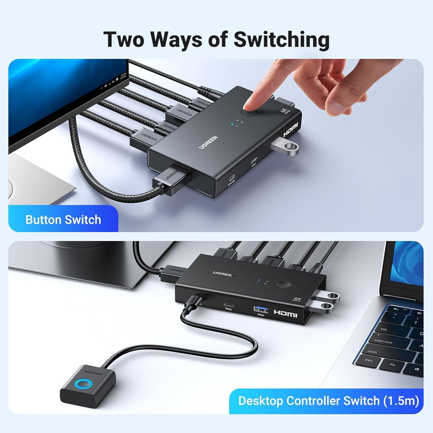 imageUGREEN HDMI KVM Switch 1 Monitor 2 Computers with 4 USB 30 Ports 4K60Hz KVM Switches for 2 Computers Share Monitor Keyboard Mouse Printer with 2 HDMI Cables 2 USB Cables Power Adapter Controller