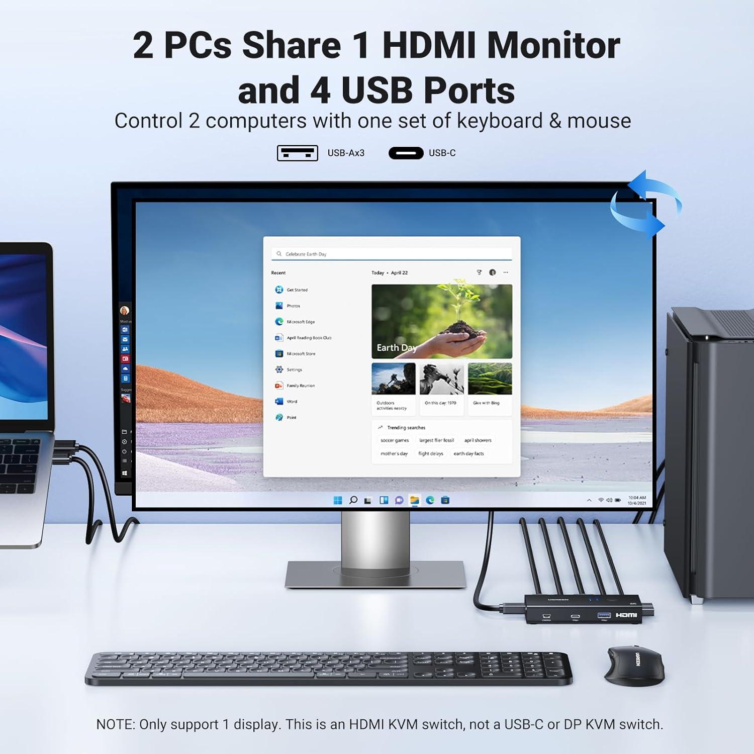 imageUGREEN HDMI KVM Switch 1 Monitor 2 Computers with 4 USB 30 Ports 4K60Hz KVM Switches for 2 Computers Share Monitor Keyboard Mouse Printer with 2 HDMI Cables 2 USB Cables Power Adapter Controller