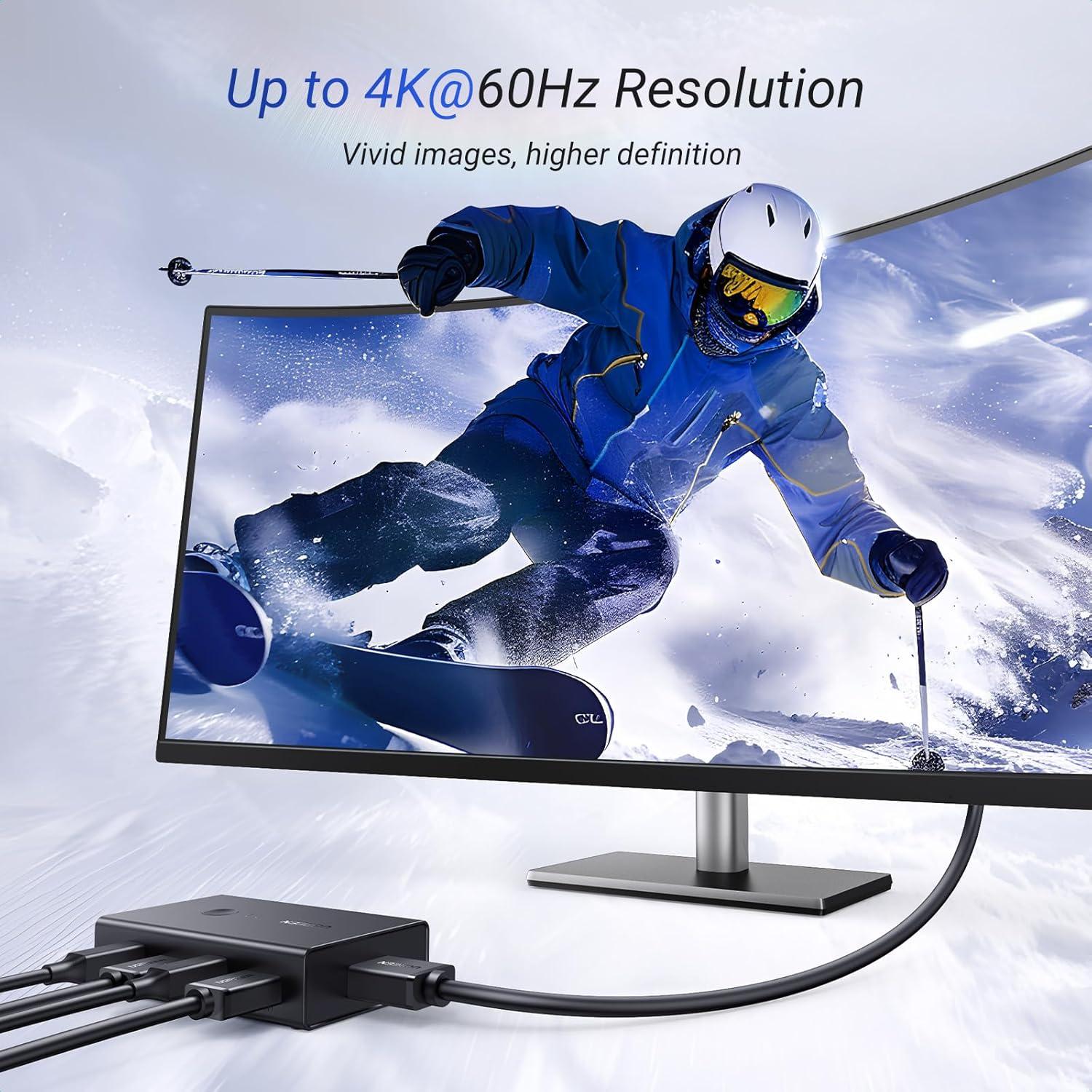 imageUGREEN HDMI KVM Switch 1 Monitor 2 Computers with 4 USB Ports 4K60Hz KVM Switches for Sharing One Monitor Keyboard Mouse Printer with 2 HDMI Cables 2 USB Cables Desktop Controller