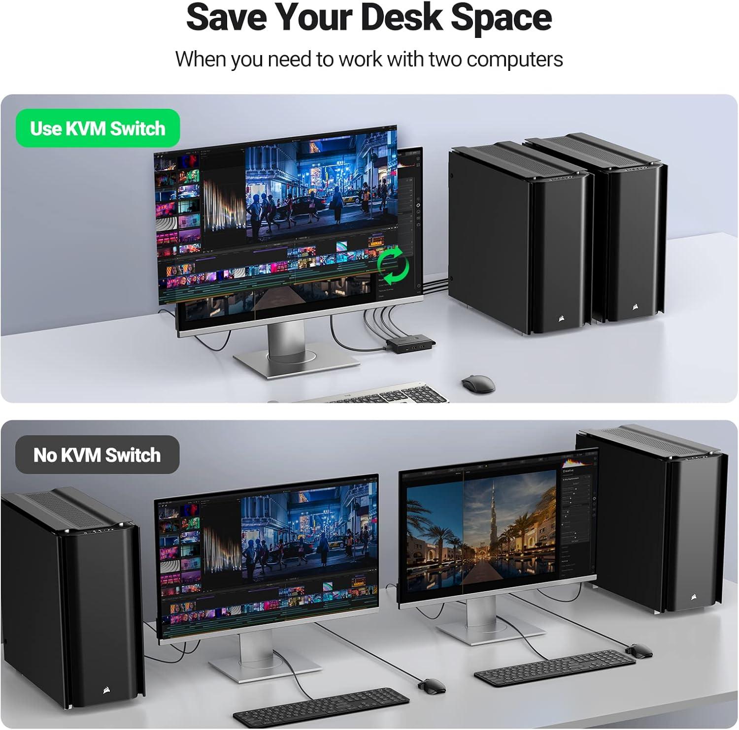 imageUGREEN HDMI KVM Switch 1 Monitor 2 Computers with 4 USB Ports 4K60Hz KVM Switches for Sharing One Monitor Keyboard Mouse Printer with 2 HDMI Cables 2 USB Cables Desktop Controller