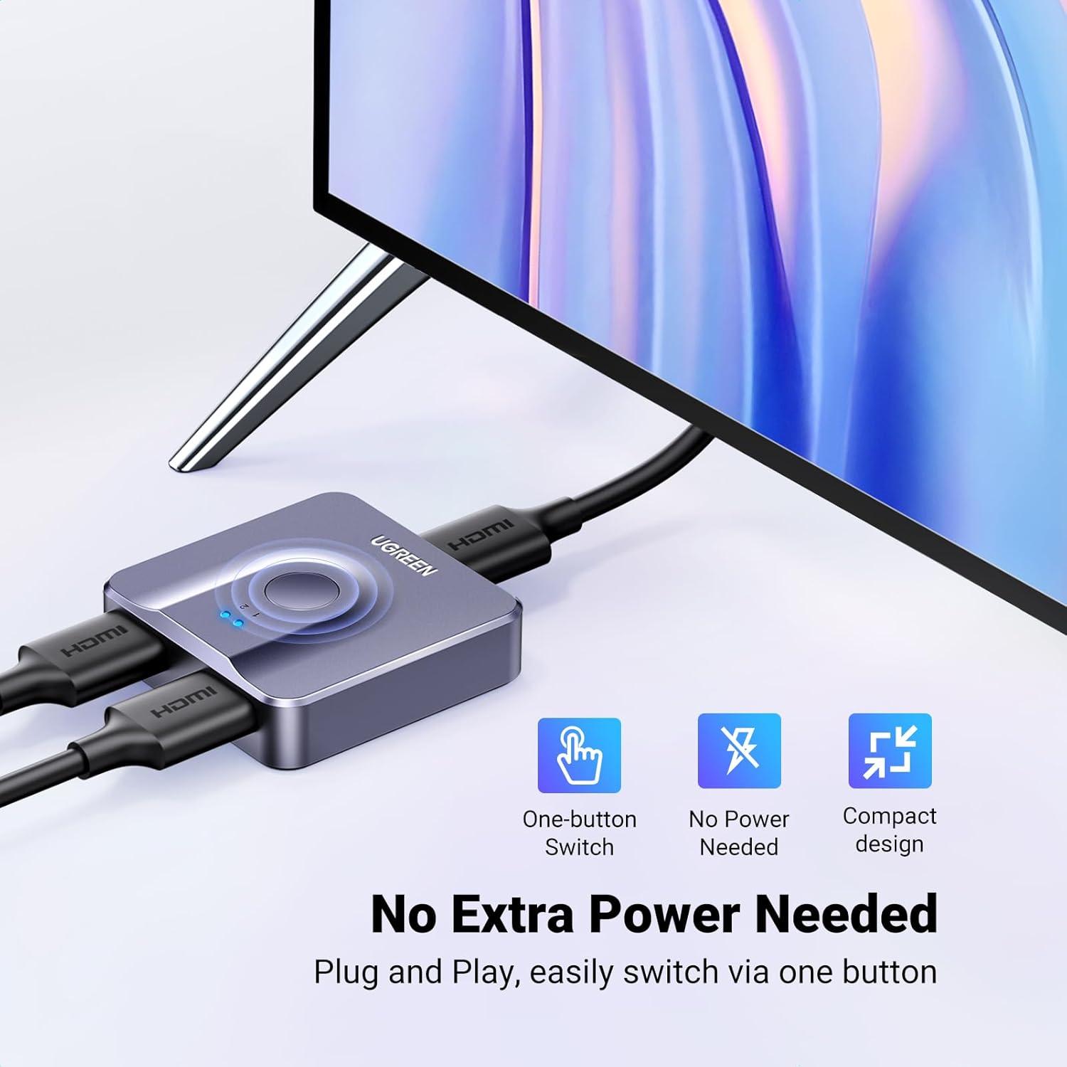 imageUGREEN HDMI Switch 4K60Hz BiDirectional HDMI Splitter 2 in 1 Out Switcher Supports UHD 3D HDR Compatible with PS5 PS4 Xbox Series XS Roku Fire Stick BlackGrey