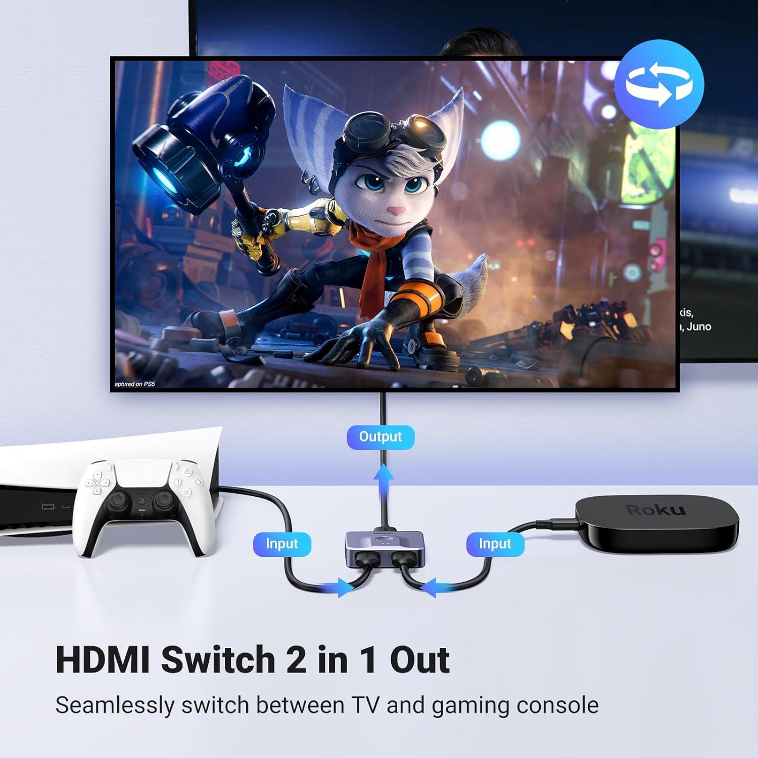 imageUGREEN HDMI Switch 4K60Hz BiDirectional HDMI Splitter 2 in 1 Out Switcher Supports UHD 3D HDR Compatible with PS5 PS4 Xbox Series XS Roku Fire Stick BlackGrey