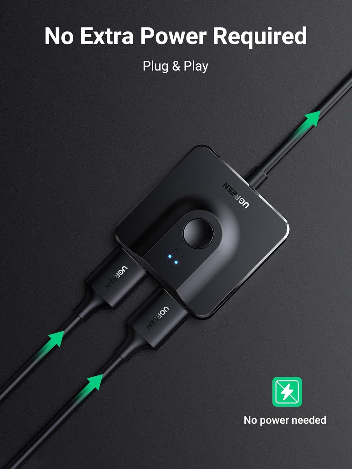 imageUGREEN HDMI Switch 4K60Hz with 33FT HDMI Cable Bidirectional HDMI Splitter 2 in 1 Out Support HD Dolby 3D HDR Compatible with PS54 Xbox Roku Apple TV Fire Stick Nintendo Switch