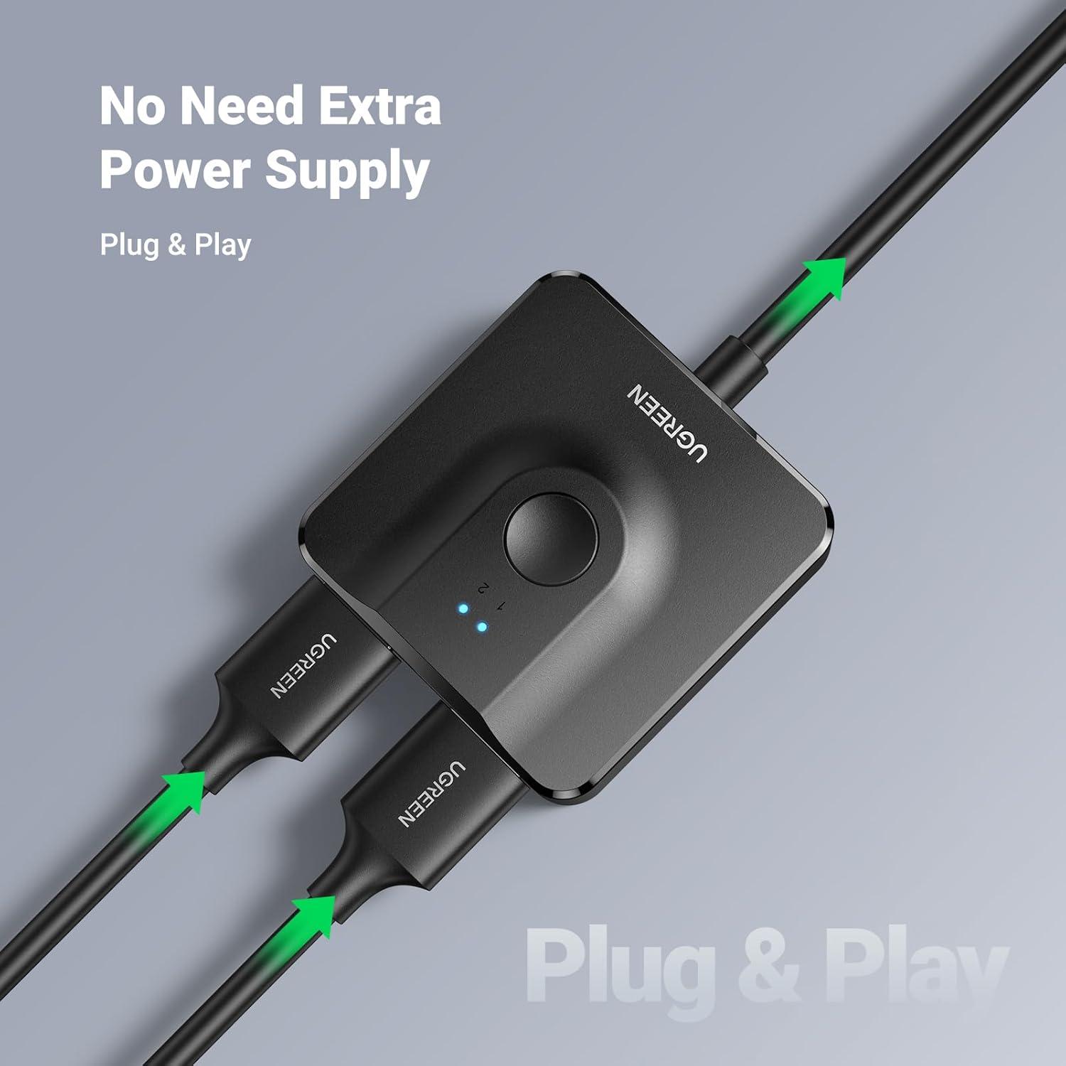 imageUGREEN HDMI Switch 4K60Hz with 33FT HDMI Cable Bidirectional HDMI Splitter 2 in 1 Out Support HD Dolby 3D HDR Compatible with PS54 Xbox Roku Apple TV Fire Stick Nintendo Switch