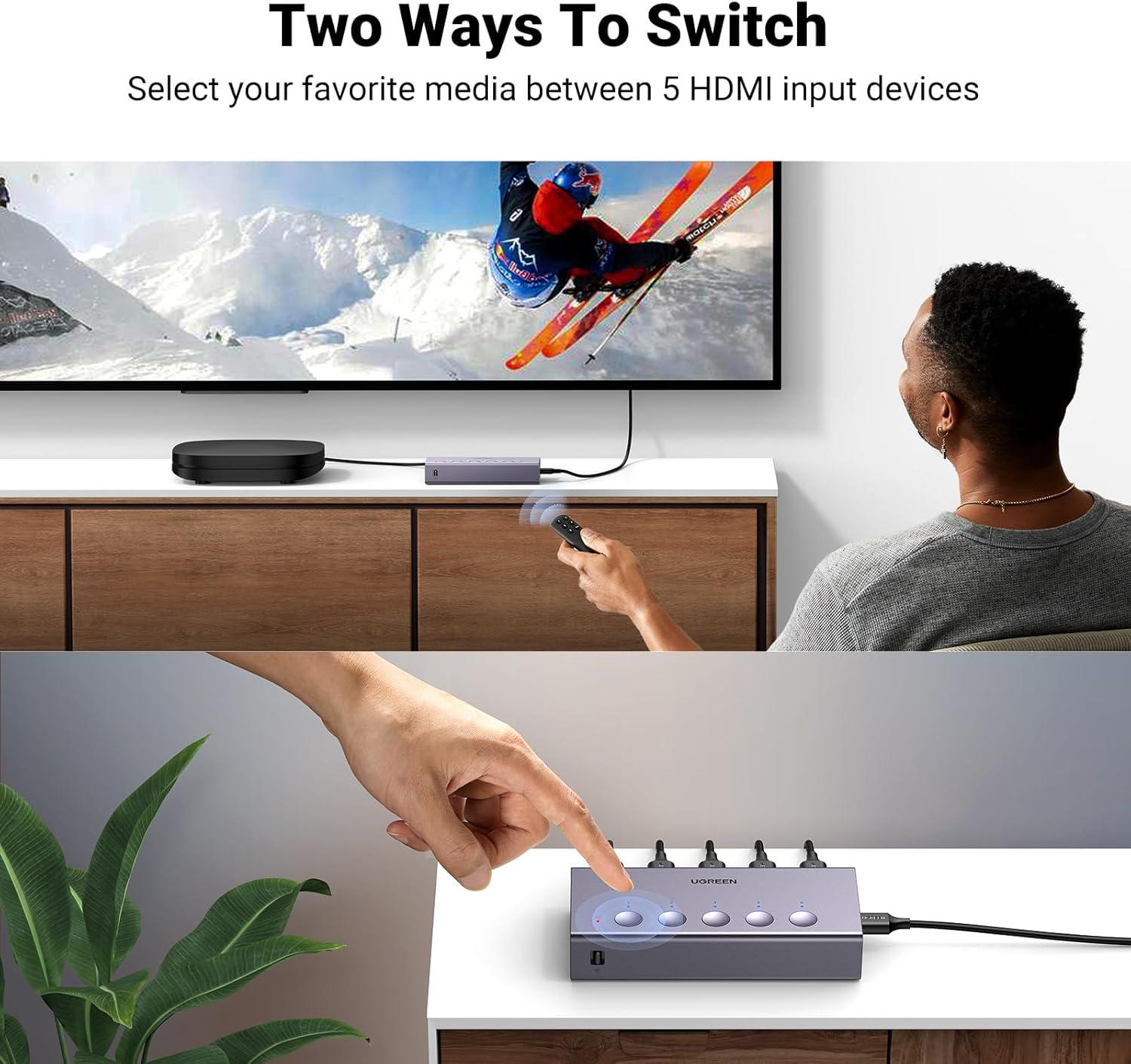 imageUGREEN HDMI Switch 5 in 1 Out 4K60Hz HDMI Splitter with Remote 5 Port Switcher Selector Box Support 3D CEC HDR HDCP22 Compatible with PS543 Xbox Nintendo Switch Roku TV Fire Stick BlackGrey