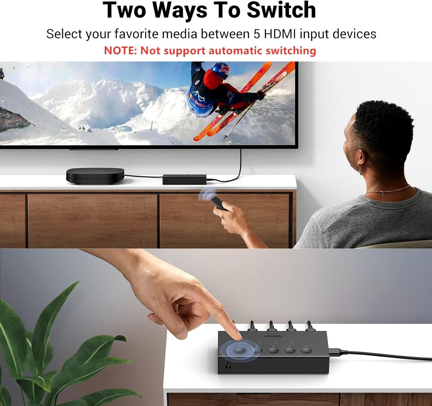 imageUGREEN HDMI Switch 5 in 1 Out 4K60Hz HDMI Splitter with Remote 5 Port Switcher Selector Box Support 3D CEC HDR HDCP22 Compatible with PS543 Xbox Nintendo Switch Roku TV Fire Stick BlackBlack