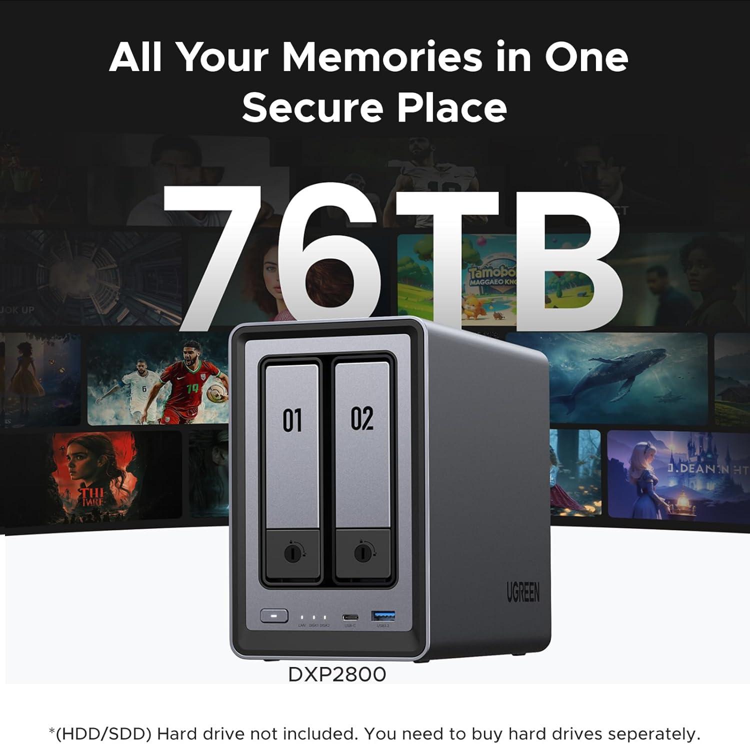 imageUGREEN NAS DXP2800 2Bay Desktop AllRound NASync Ideal for Small Team Enthusiasts Intel N100 Quadcore CPU 8GB DDR5 RAM 25GbE 2X M2 NVMe Slots 4K HDMI Network Attached Storage DisklessDXP2800 2Bay