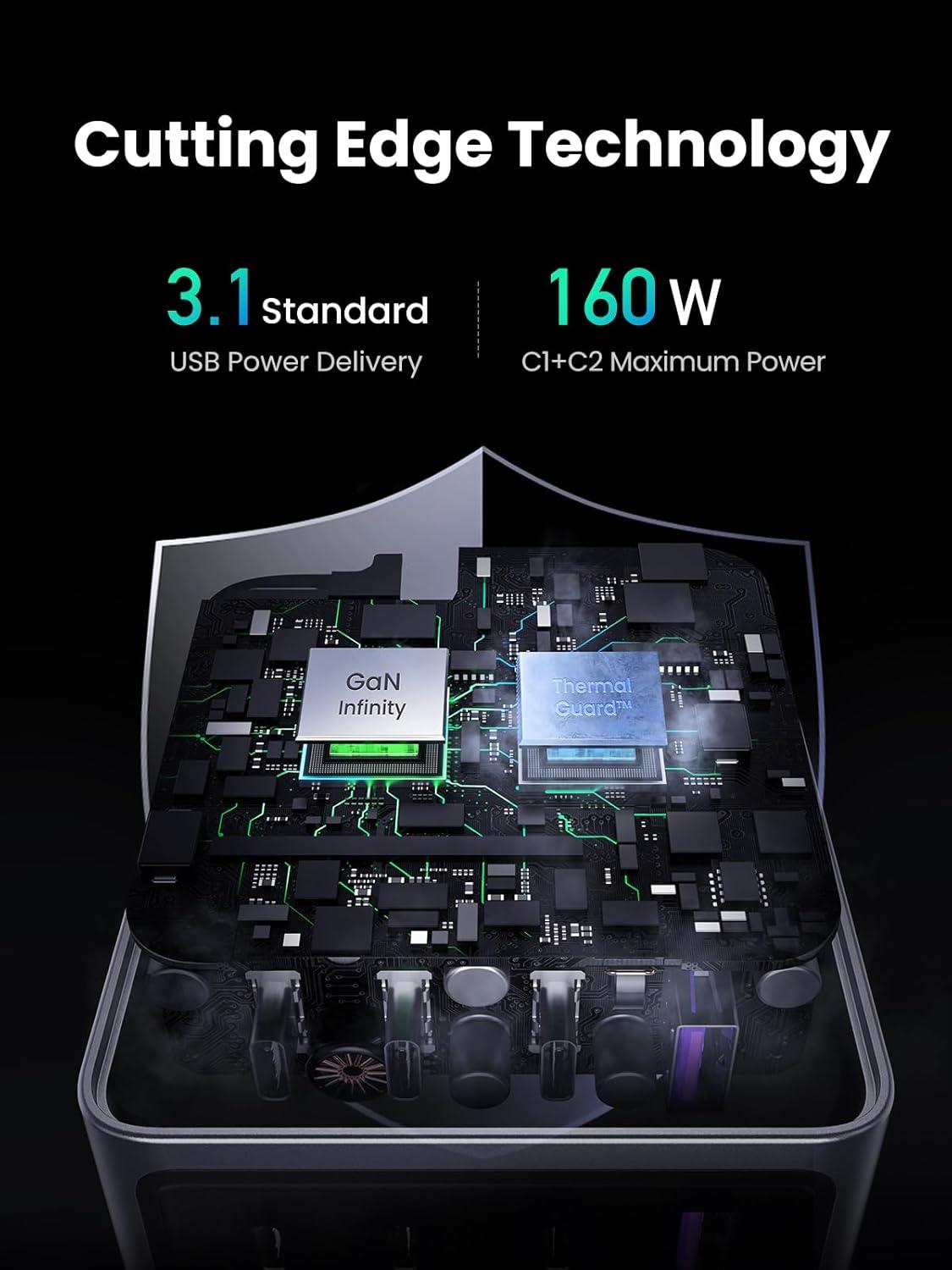 imageUGREEN Nexode Pro 160W GaN USB C Laptop Charger 4Port PD 31 PPS Fast Charger for MacBook Pro Pixelbook Dell XPS iPad Pro iPhone 171615 Series Galaxy S25S24 Pixel 109 Steam Deck