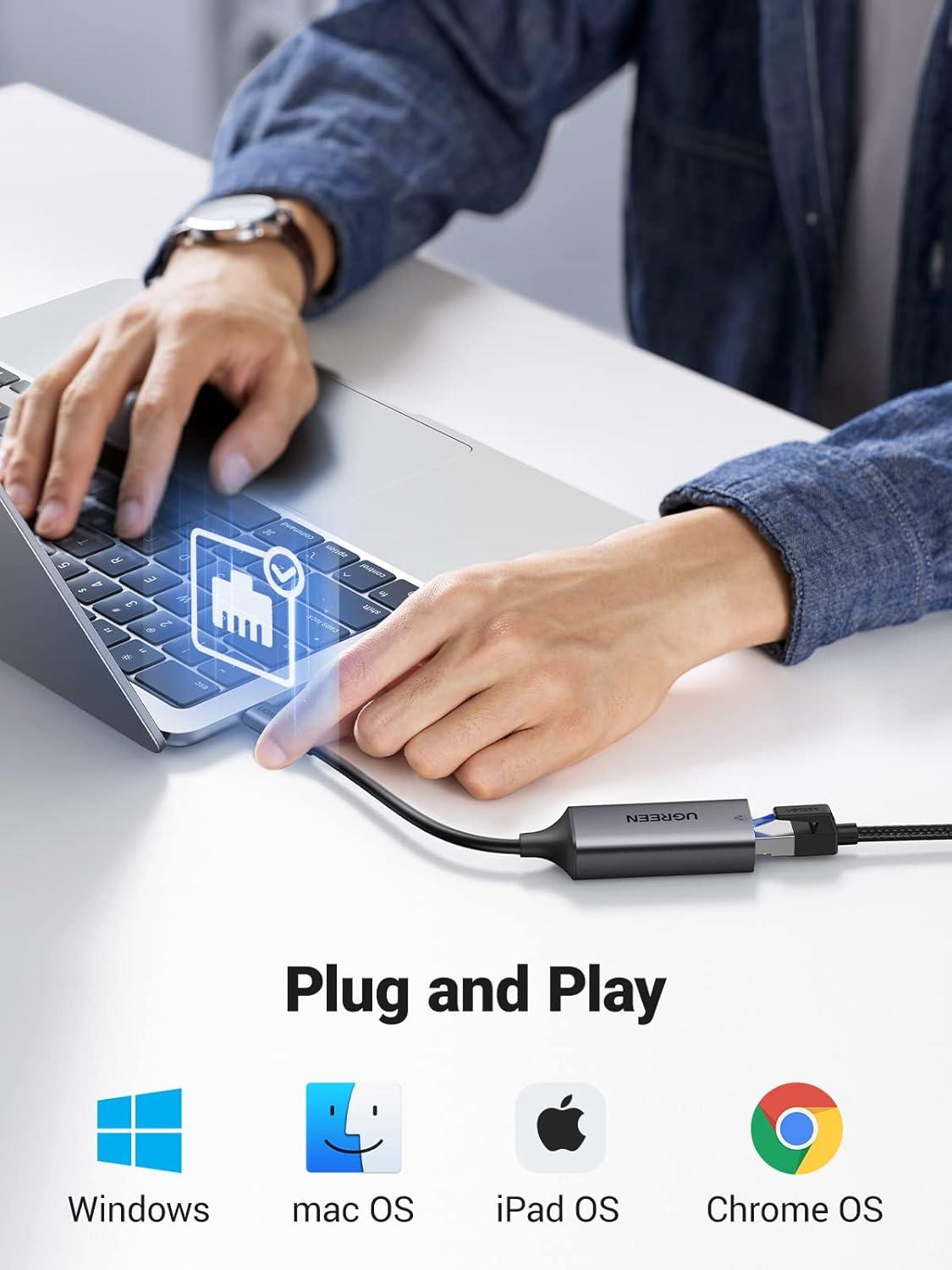 imageUGREEN USB C to Ethernet Adapter Plug and Play 1Gbps Ethernet Adapter Aluminum Case Thunderbolt 43 Compatible to RJ45 Network Dongle Compatible for MacBook ProAir iPhone 17 ProMax iPad XPSGrey