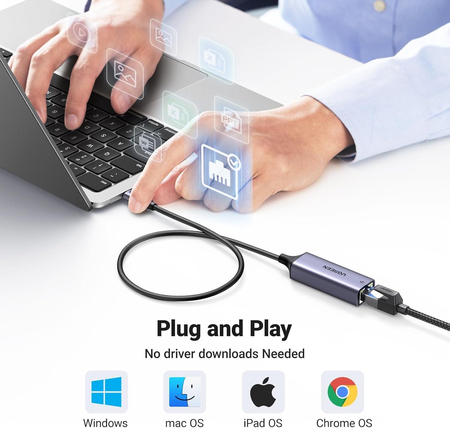 imageUGREEN USB C to Ethernet Adapter Plug and Play 1Gbps Ethernet Adapter Aluminum Case Thunderbolt 43 Compatible to RJ45 Network Dongle Compatible for MacBook ProAir iPhone 17 ProMax iPad XPSSpace Grey