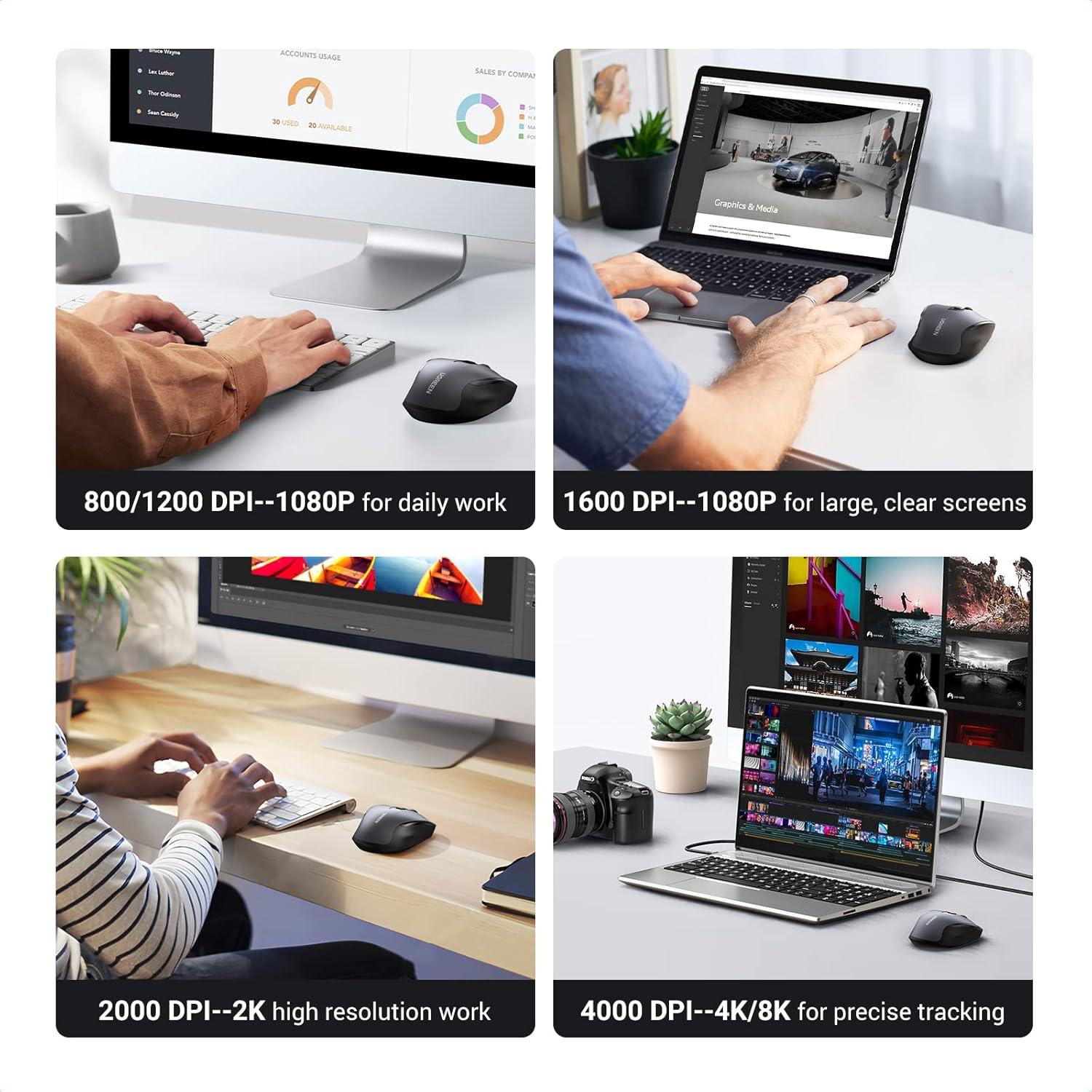 imageUGREEN Wireless Mouse 24G with USB Receiver 5Level 4000 DPI 6 Buttons18 Months Battery Life Cordless Mouse Ergonomic Computer Mice for Laptop Computer PC MacBook Chromebook Black