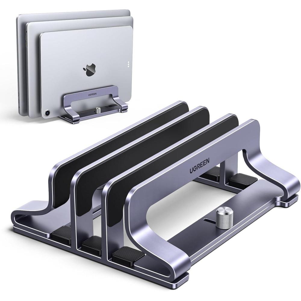 imageUGREEN 2Slot Vertical Laptop Stand Holder Desk Compatible with MacBook Pro Air Laptop Stand Desktop Adjustable Lenovo Ideapad Surface Book HP Notebook Dell Chromebook Up to 173 Inch Space Gray3Slot