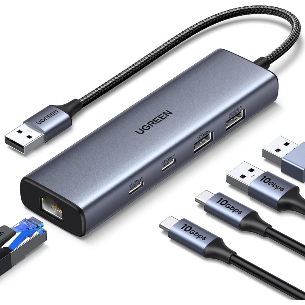 imageUGREEN USB to Ethernet Adapter 5 in 1 USB Hub with Ethernet with 2 USBC 32 10Gbps 1USBA 321USBA 20Gigabit RJ45 Network LAN Internet Dongle Compatible for Laptop MacBook ProAir XPS