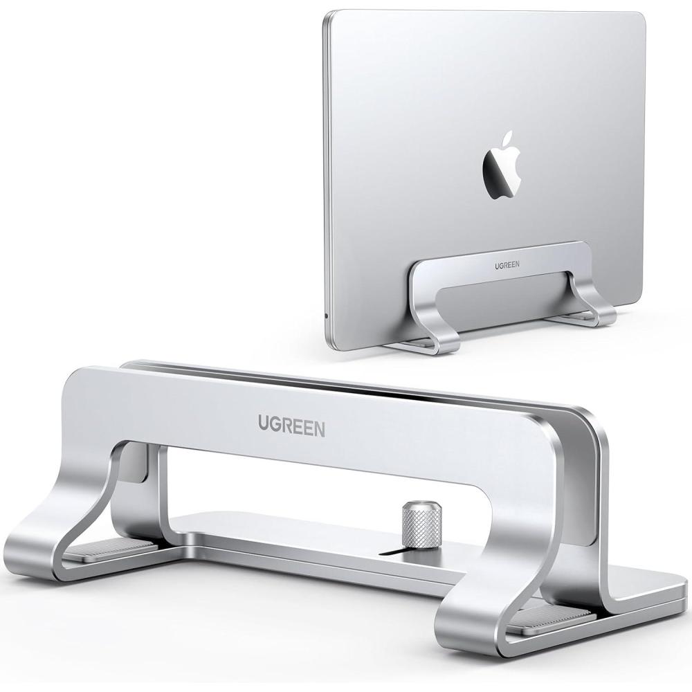 imageUGREEN Vertical Laptop Stand Holder for Desk Compatible with MacBook Pro MacBook Air Stand Vertical Aluminum Adjustable for Up to 173 Inch Gaming Laptop GraySilver