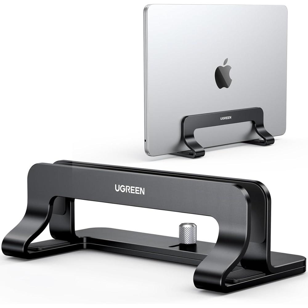 imageUGREEN Vertical Laptop Stand Holder for Desk Compatible with MacBook Pro MacBook Air Stand Vertical Aluminum Adjustable for Up to 173 Inch Gaming Laptop GrayBlack
