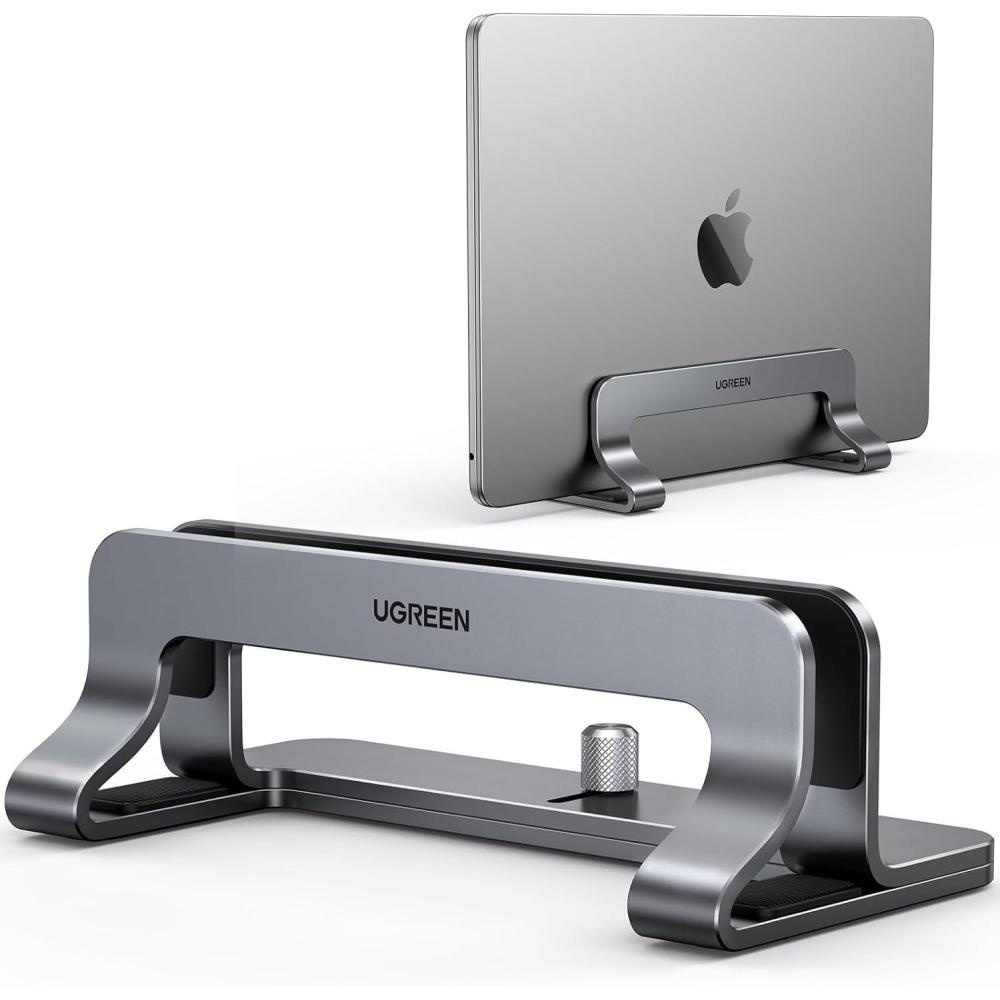 imageUGREEN Vertical Laptop Stand Holder for Desk Compatible with MacBook Pro MacBook Air Stand Vertical Aluminum Adjustable for Up to 173 Inch Gaming Laptop GraySilver Gray