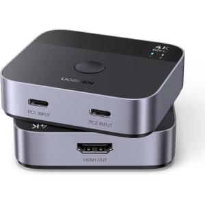 UGREEN 2 USB C in 1 HDMI Out Switch 4K@60Hz, Aluminum USB C Switcher 2 Computers Supports HDR HDCP2.2 Compatible with Laptops, Tablets, Smartphones, MacBook Air/Pro, iMac All-in-One Desktop Computer
