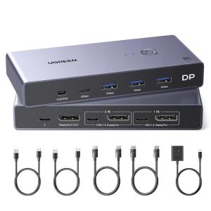 UGREEN 8K Displayport KVM Switch 2 in 1 Out DP1.4 with 4 USB 3.0 Ports(3 USB-A + 1 USB-C) Support 8K@60Hz 4K@240Hz Share 1 Monitor Keyboard Mouse U-Disk Printer, with 2 DP Cables, 2 USB A to C Cables