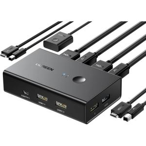 UGREEN HDMI KVM Switch 1 Monitor 2 Computers, with 4 USB Ports 4K@60Hz KVM Switches for Sharing One Monitor Keyboard Mouse Printer with 2 HDMI Cables, 2 USB Cables, Desktop Controller