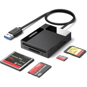 UGREEN SD Card Reader USB 3.0 Card Hub Adapter 5Gbps Read 4 Cards Simultaneously CF, CFI, TF, SDXC, SDHC, SD, MMC, Micro SDXC, Micro SD, Micro SDHC, MS, UHS-I (Black)(Adapter)