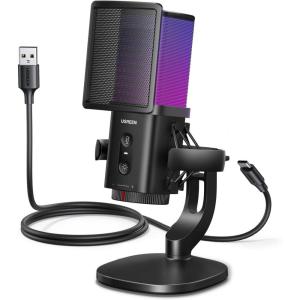 UGREEN USB Gaming Microphone for Streaming & Voice Chat, 24bit/96kHz Condenser Mic with Quick Mute, Zero-Latency Monitoring, Pop Filter, Shock Mount, & RGB Light for PC, PS5, Discord, Podcasts