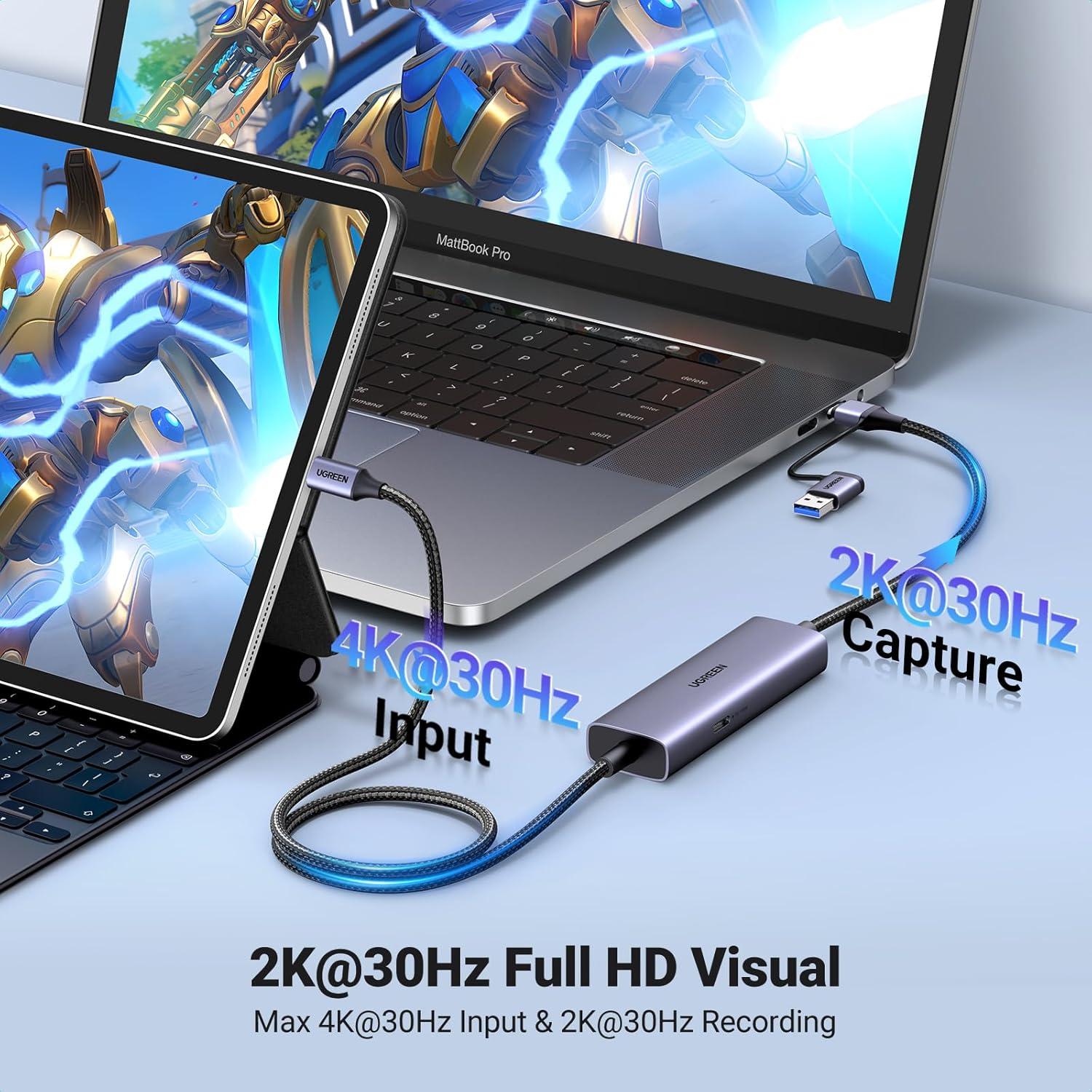 imageUGREEN 2K 30FPS 1080P 60FPS USB C Video Capture Card with 100W Power Delivery Type C to 4K USB30 Capture Card for Streaming Gaming Compatible with Switch iPad Quest 3 Steam Deck iPhone 17