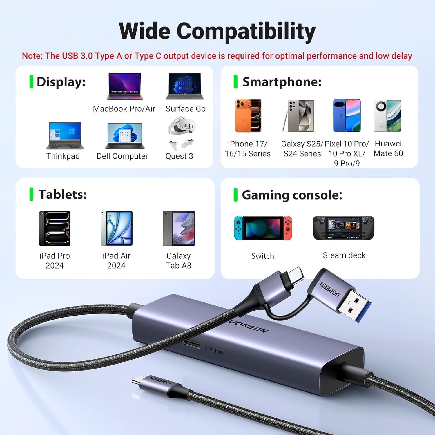 imageUGREEN 2K 30FPS 1080P 60FPS USB C Video Capture Card with 100W Power Delivery Type C to 4K USB30 Capture Card for Streaming Gaming Compatible with Switch iPad Quest 3 Steam Deck iPhone 17