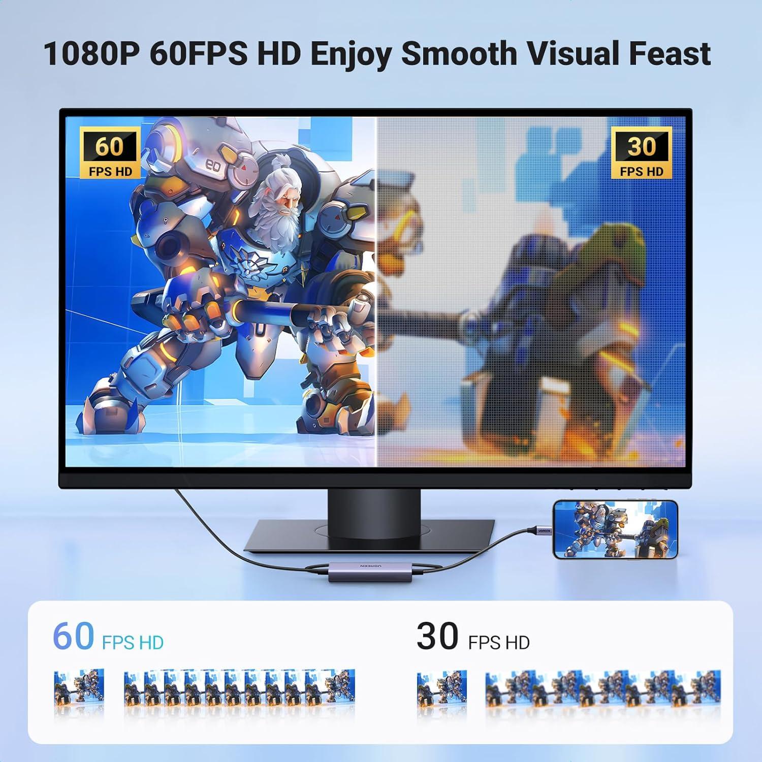 imageUGREEN 2K 30FPS 1080P 60FPS USB C Video Capture Card with 100W Power Delivery Type C to 4K USB30 Capture Card for Streaming Gaming Compatible with Switch iPad Quest 3 Steam Deck iPhone 17