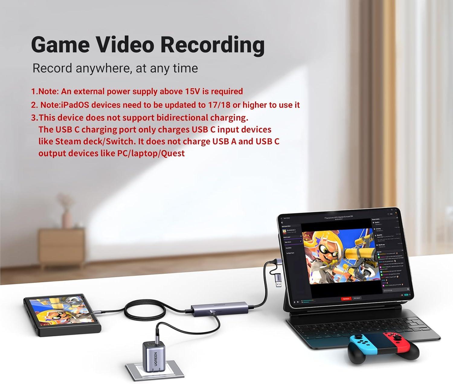 imageUGREEN 2K 30FPS 1080P 60FPS USB C Video Capture Card with 100W Power Delivery Type C to 4K USB30 Capture Card for Streaming Gaming Compatible with Switch iPad Quest 3 Steam Deck iPhone 17