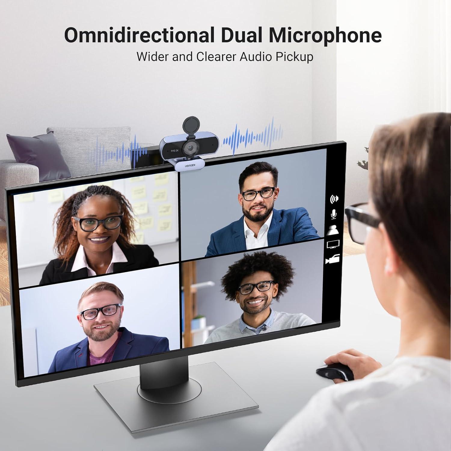 imageUGREEN 2K Webcam Full HD 1080P Webcam for PC Web Camera with Autofocus Privacy Cover Dual Noise Cancelling Mics Computer USB Camera for Streaming Conferencing Calling Zoom Skype Teams