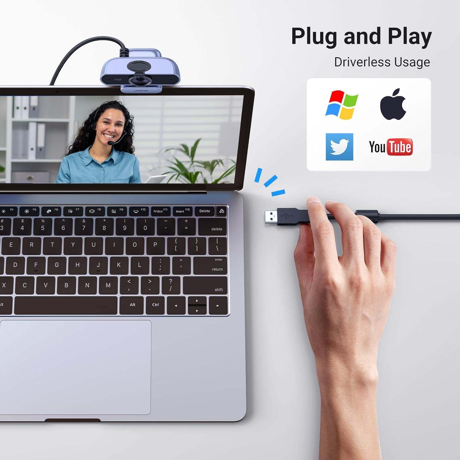 imageUGREEN 2K Webcam Full HD 1080P Webcam for PC Web Camera with Autofocus Privacy Cover Dual Noise Cancelling Mics Computer USB Camera for Streaming Conferencing Calling Zoom Skype Teams