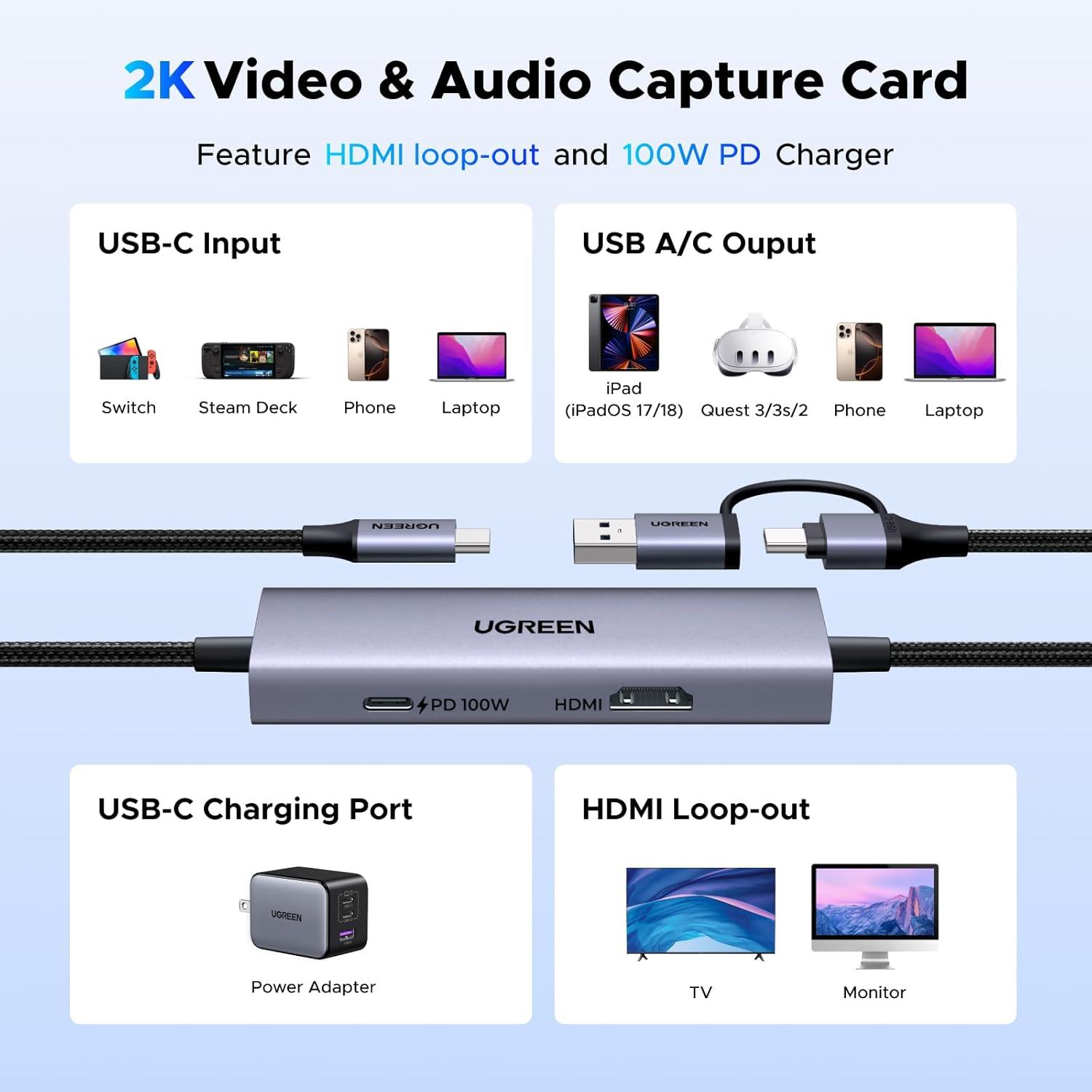 imageUGREEN 2K30Hz USB C Video Capture Card with 100W PD 4K30Hz HDMI LoopOut 1080P 60fps USB 30 Capture Card for Streaming Low Latency YUY2 VR Compatible with Switch Stream Deck Quest 3