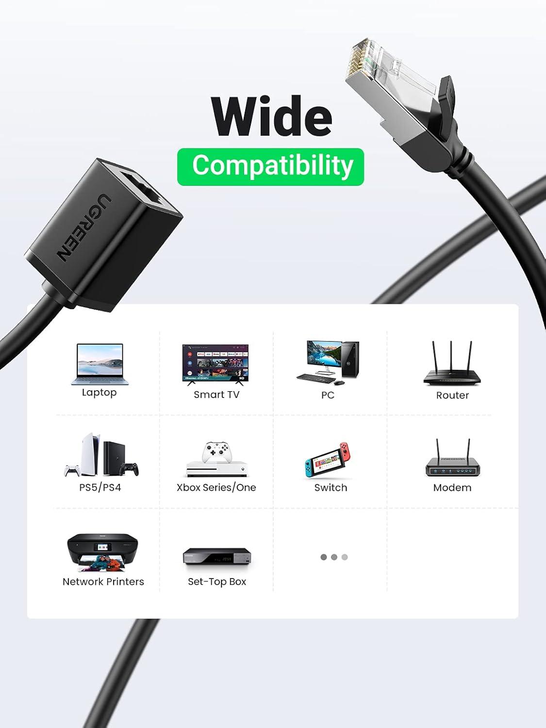 imageUGREEN Ethernet Extension Cable Cat6 LAN Cable Extender Cat 6 RJ45 Network Patch Cord Male to Female Connector for Router Modem Smart TV PC Computer Laptop 10FT66FT