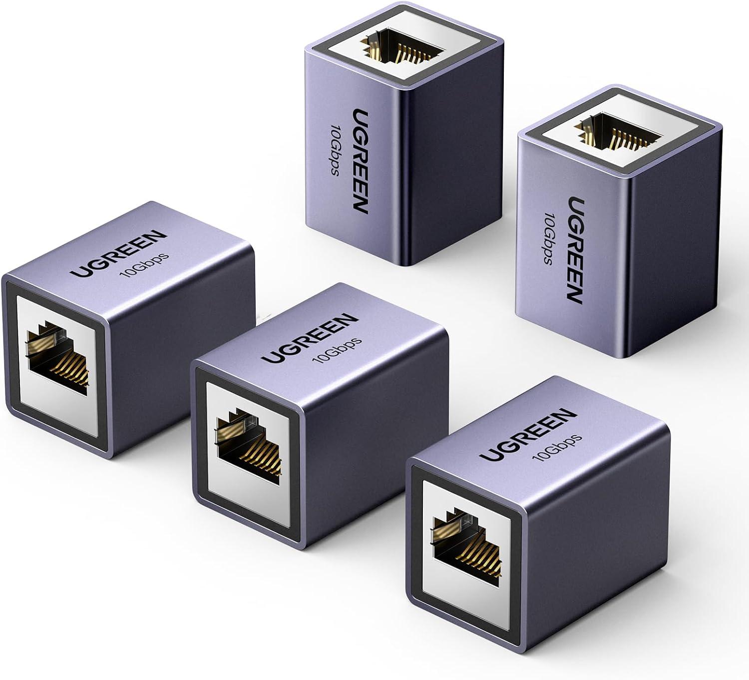 imageUGREEN RJ45 Coupler 10Gbps 5 Pack Ethernet Extender Cat8 Cat7 Cat6 Cat5 Ethernet Cable Extender Adapter 328ft LAN Connector in Line Coupler Female to Female Aluminum AlloySpace Grey