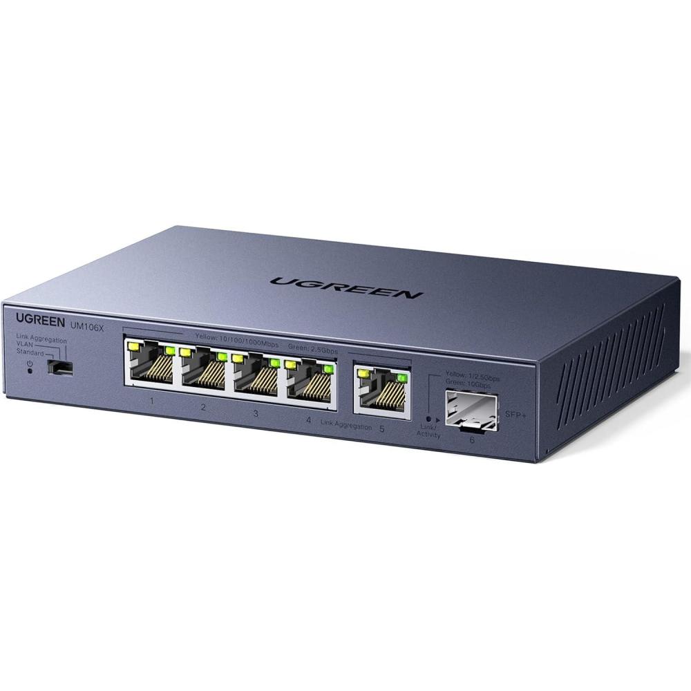 imageUGREEN 25Gb Switch 6Port Ethernet Switch 5 x 25Gb  1 x 10Gb SFP StandardLink Aggregation to 5GbpsVLAN 3 Modes Plug amp Play Metal Unmanaged Ethernet Splitter DesktopWall Mount for NAS PC