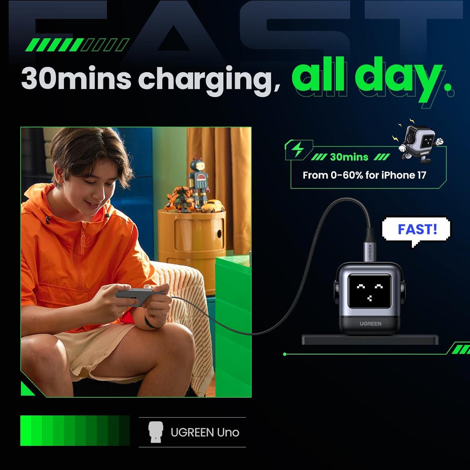 imageUGREEN 100W USBC Cable  30W USBC Robot GaN Charger Bundle  MultiPort HighPower  Compact Portable Fast Charging for Laptop Phone amp Travel